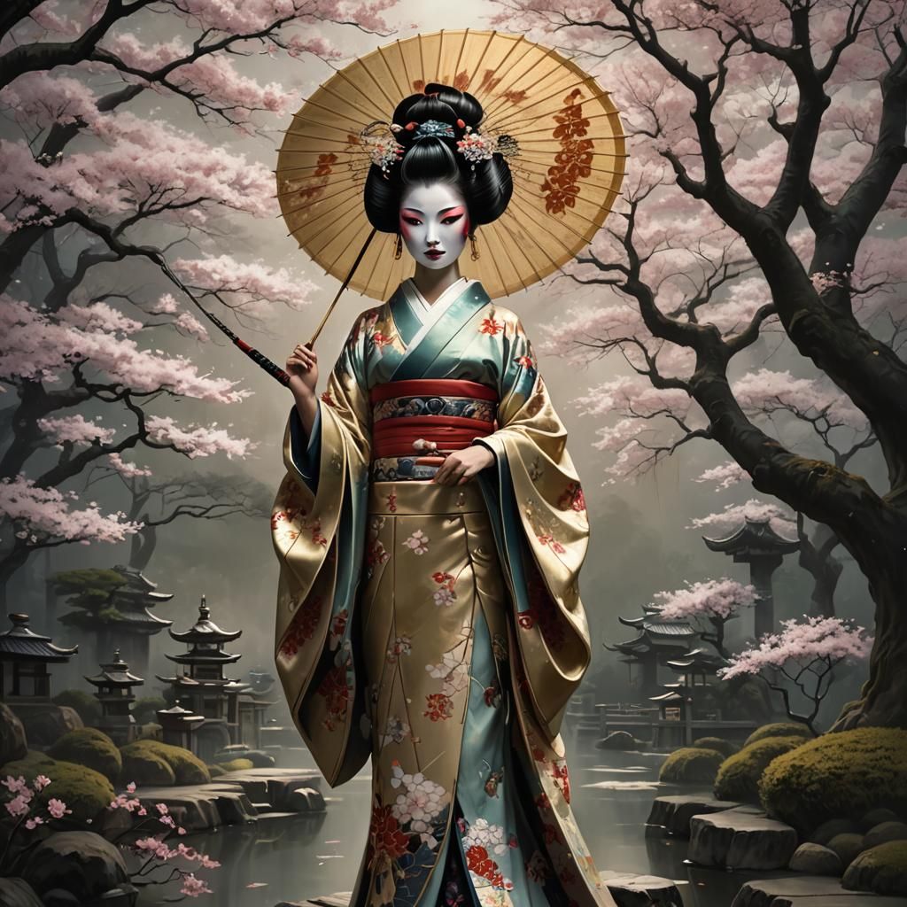 Fantasy Geisha in Moonlit Garden, Digital Art