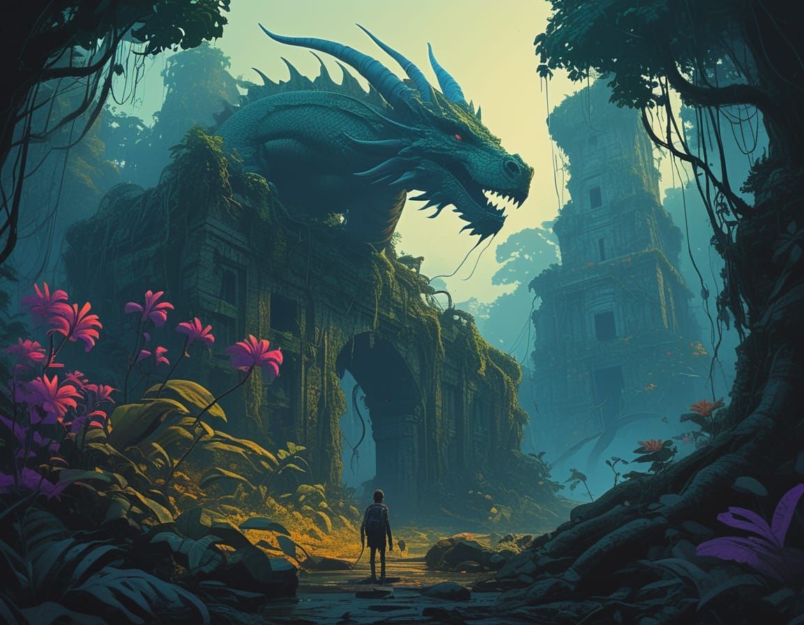 Ancient Jungle Ruins with Serene Dragon and Mysterious Creat...