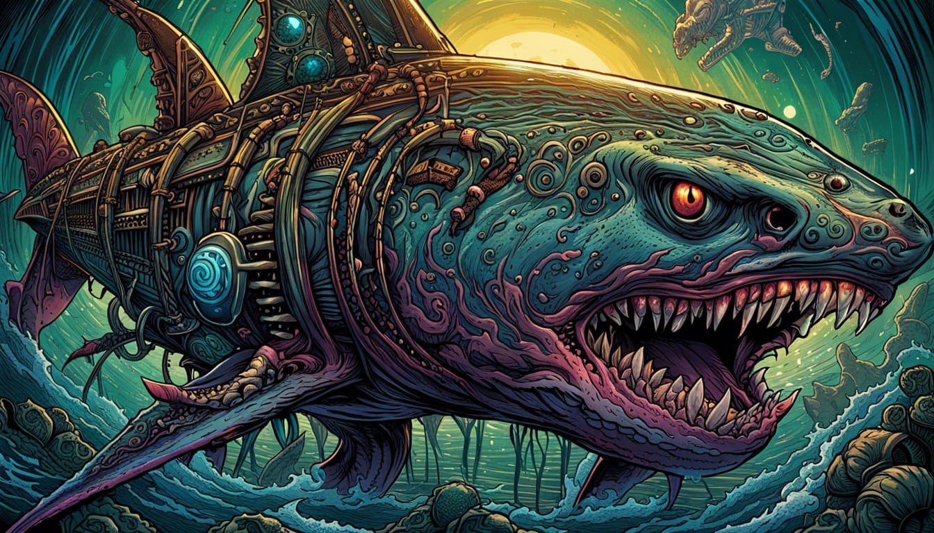 Terrifying Zombie Shark with Robot Legs in Art Nouveau Style