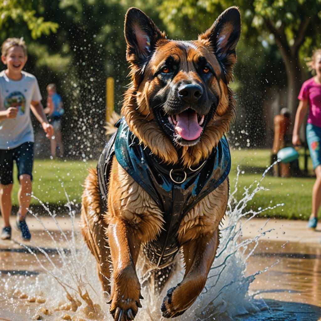 Happy German Shepherd Splashing in Water Park