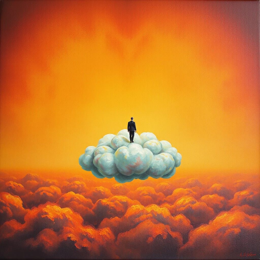 Surreal Figure Floats on Rainbow Dust Cloud