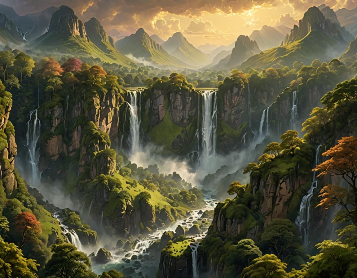 Majestic Waterfall in Lush Valley: Digital Matte Painting