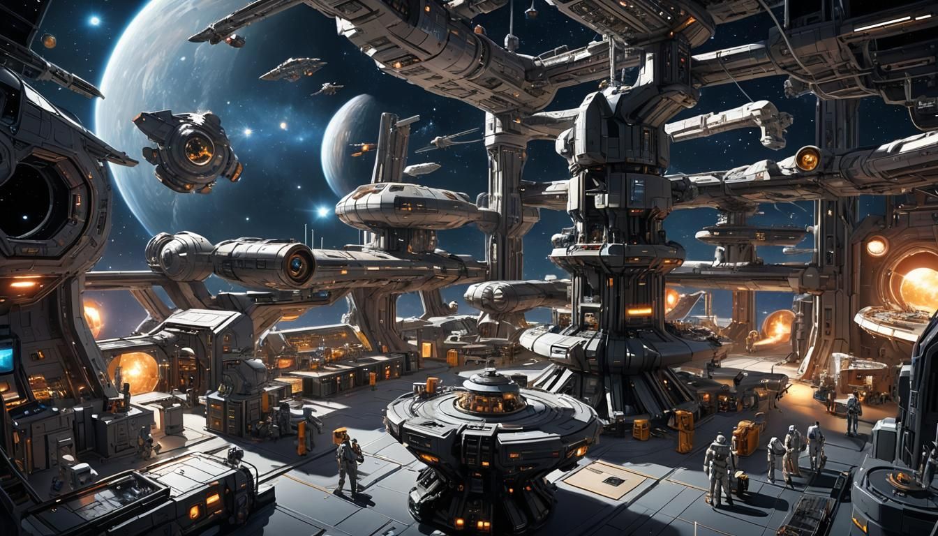 Bustling Spaceship Repair Station in Deep Space