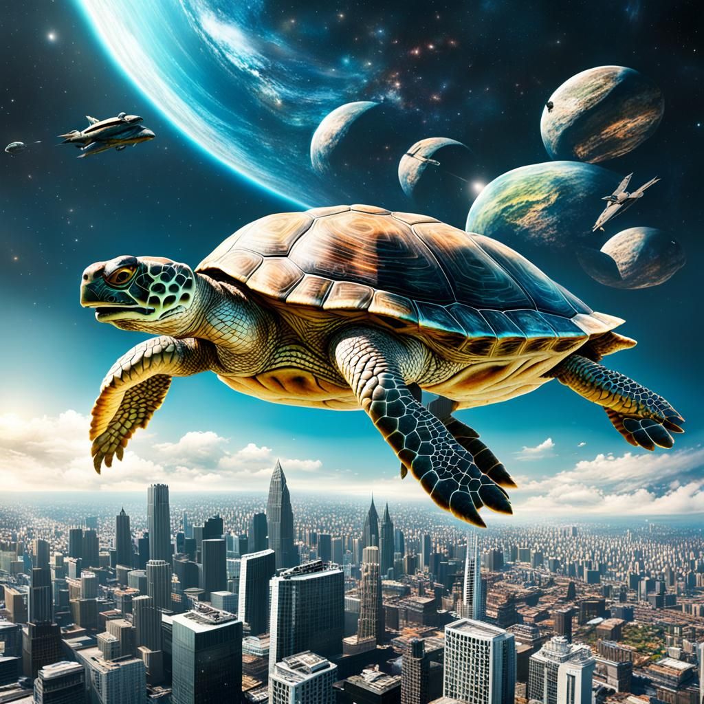 Hyperrealistic Space Turtle with Futuristic City