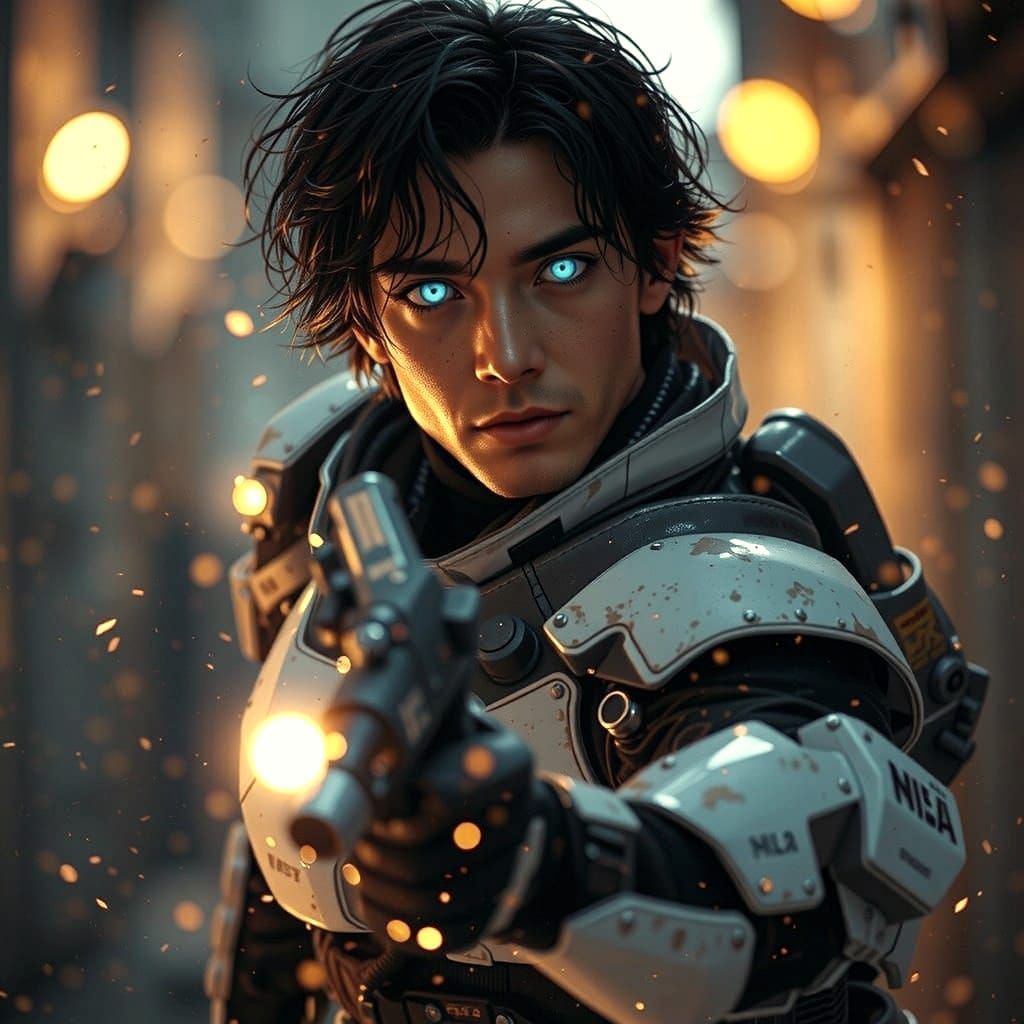 Anime Man in Futuristic Armor with Blue Eyes