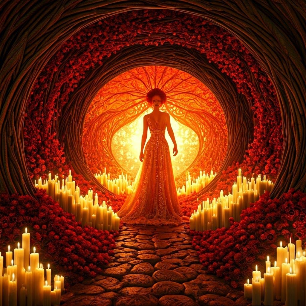 Sunset Woman in Surreal Forest, Art Nouveau Style