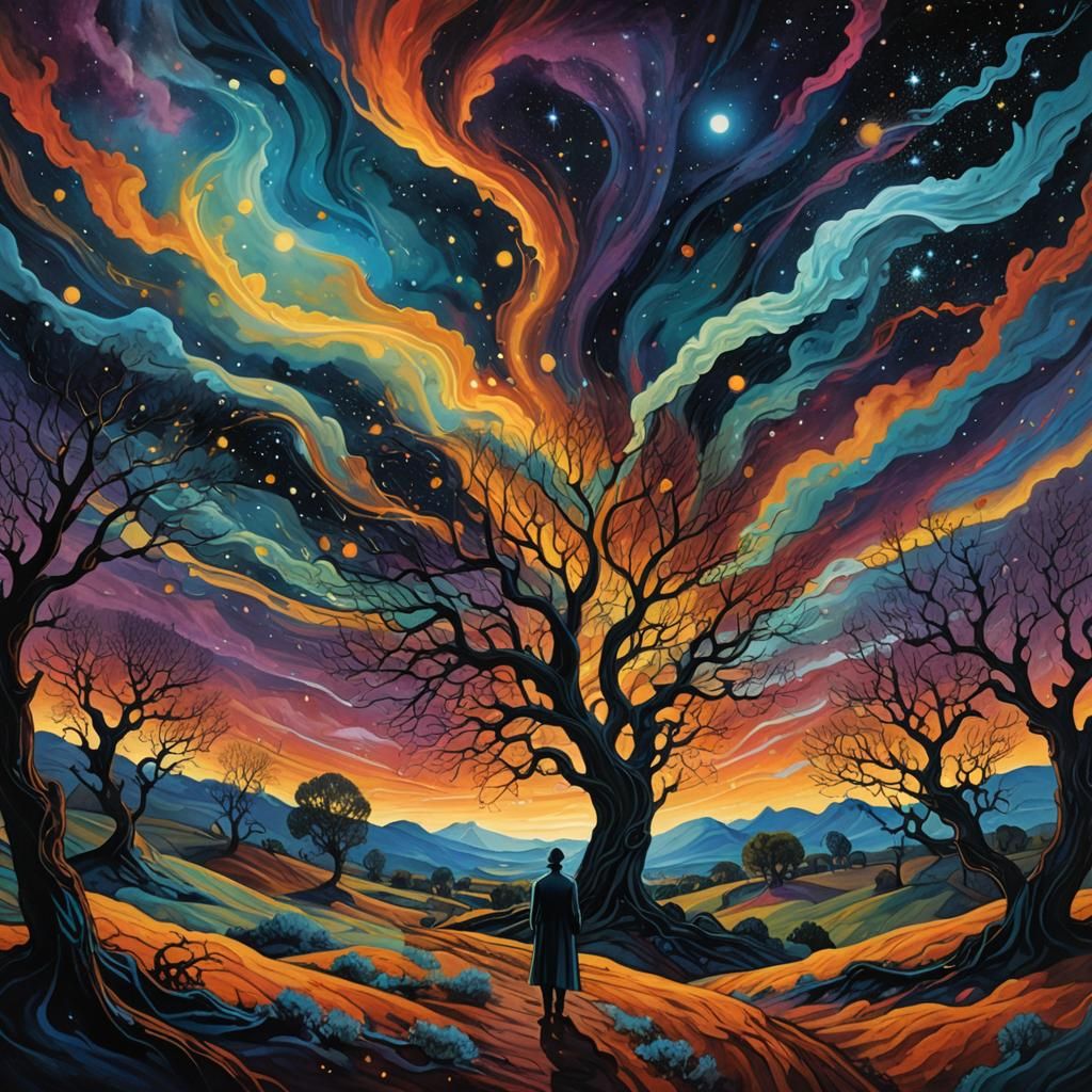 Surreal Dreamscape: Zaffre Skies and Twisted Trees