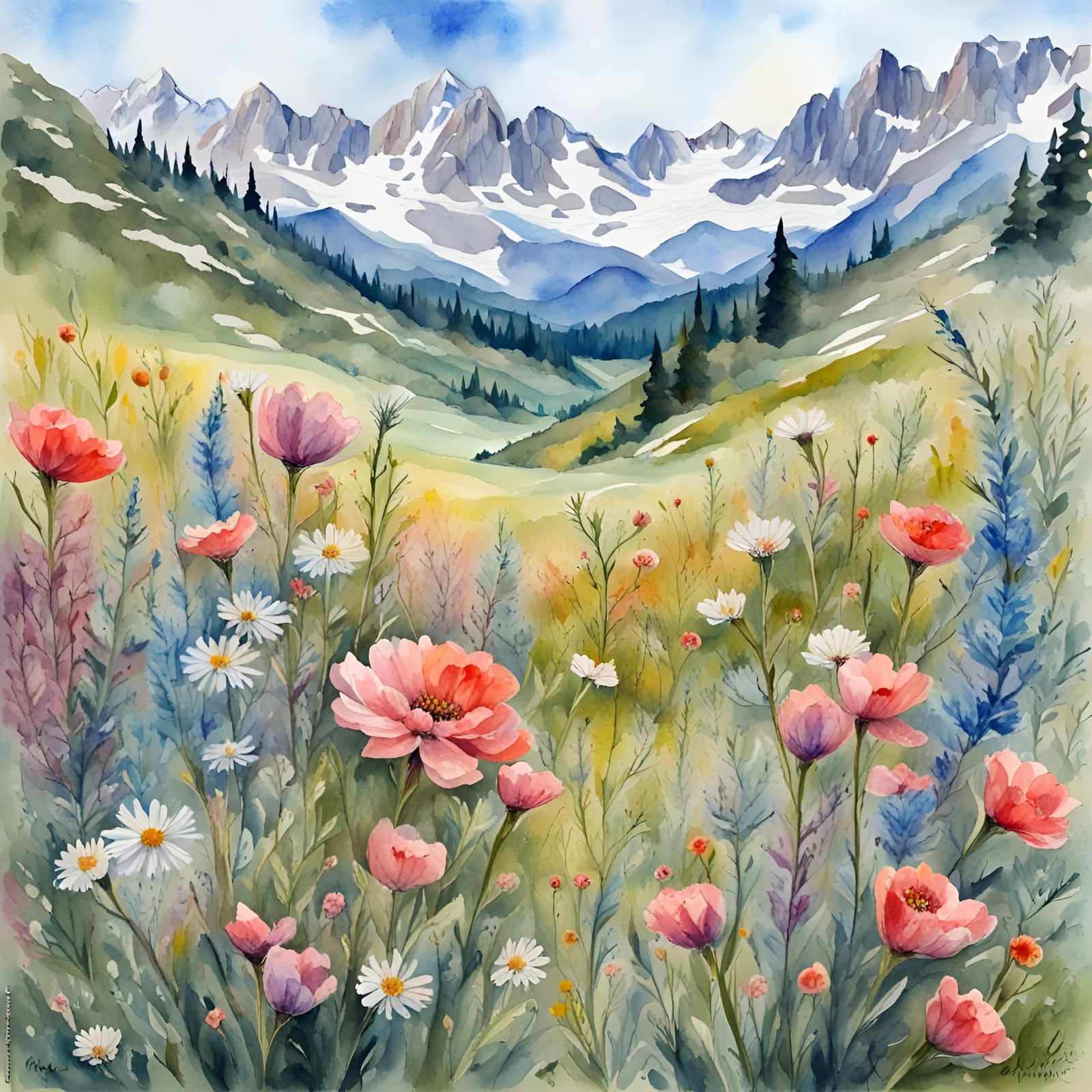 Alpine Flower Meadow in Gouache Style
