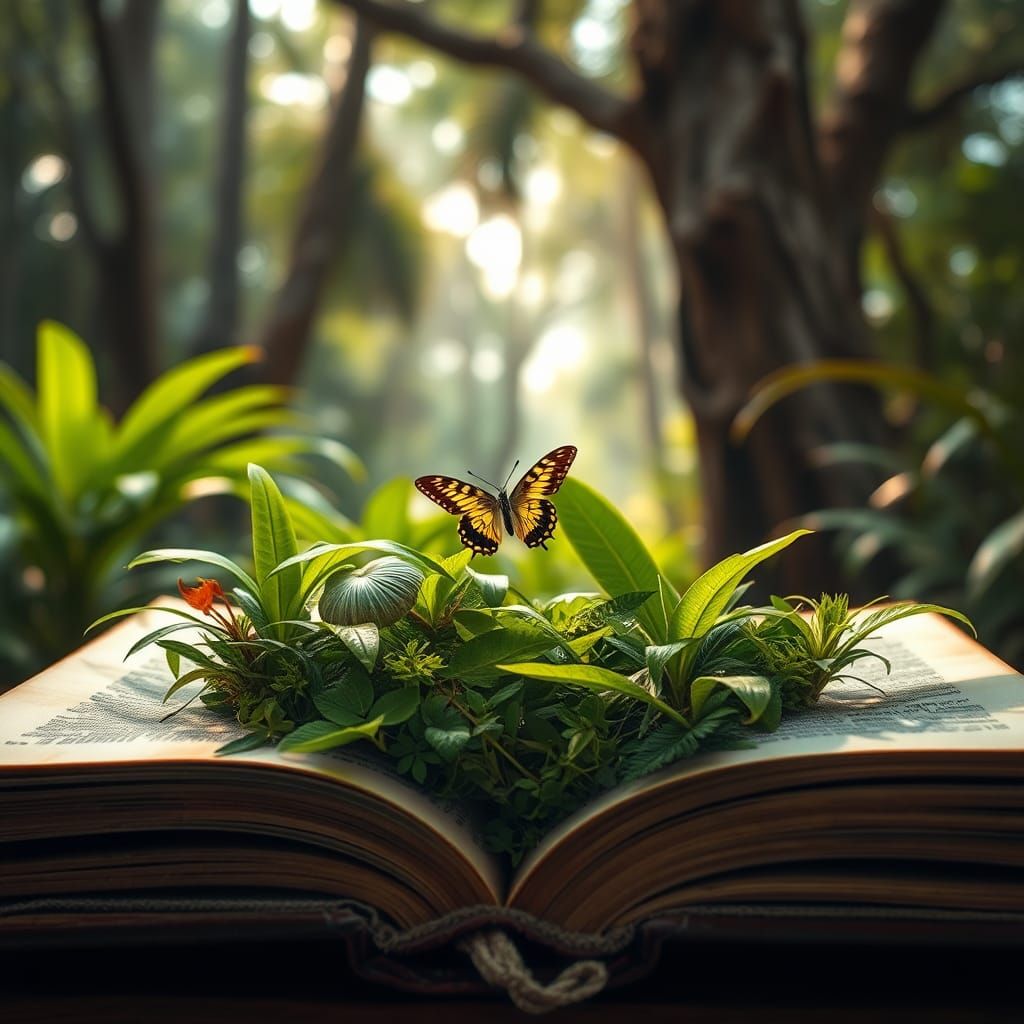 Rainforest Emerges from Book in Hyperrealistic Style
