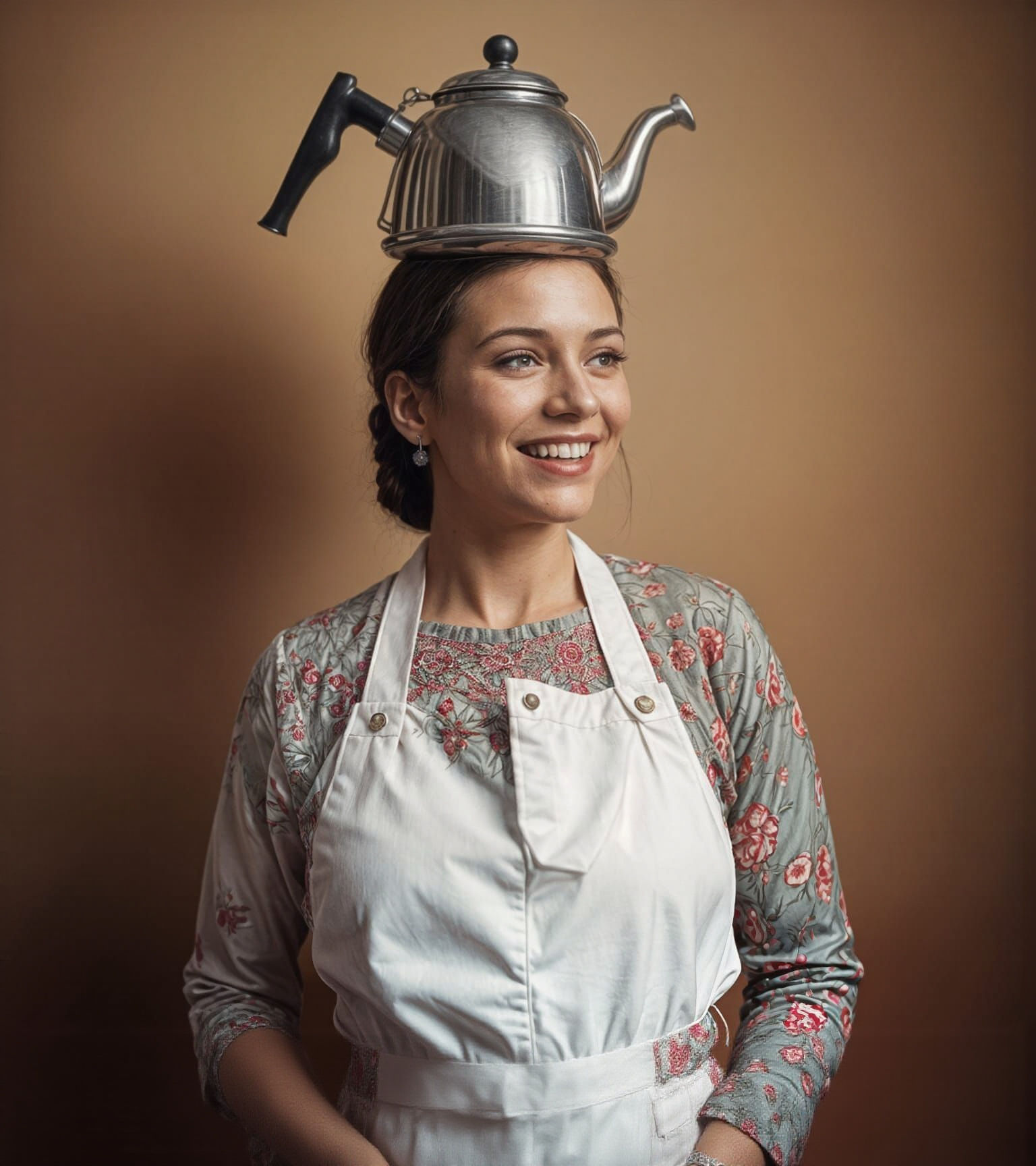 Hyperrealistic Woman with Kettle and Velvet Dress