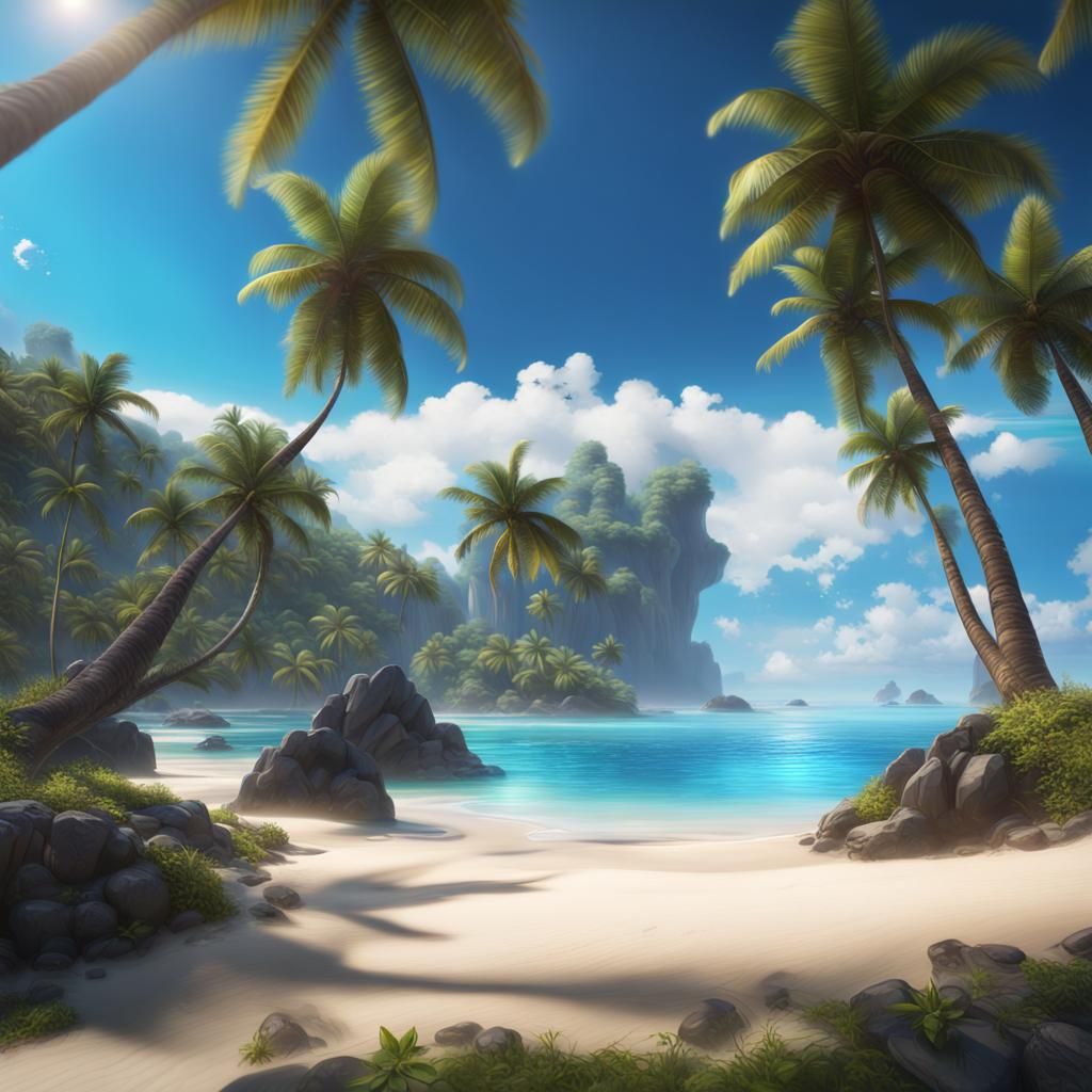Tropical Beach with Dolphins in Detailed Matte Painting