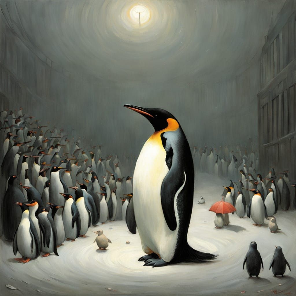 Penguin's Lonely Embrace in Moody Watercolor Style