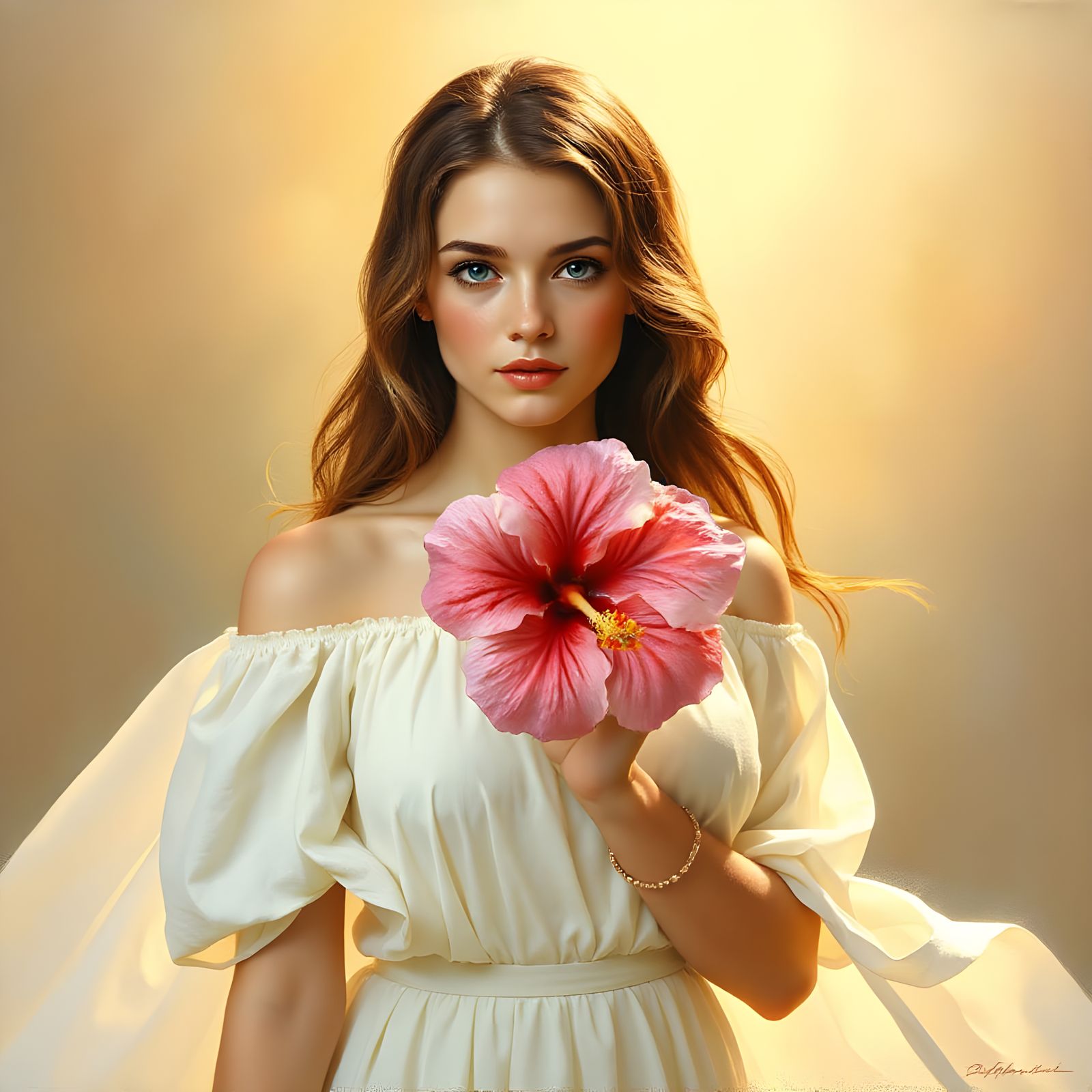 Woman with Hibiscus Flower in Art Nouveau Style