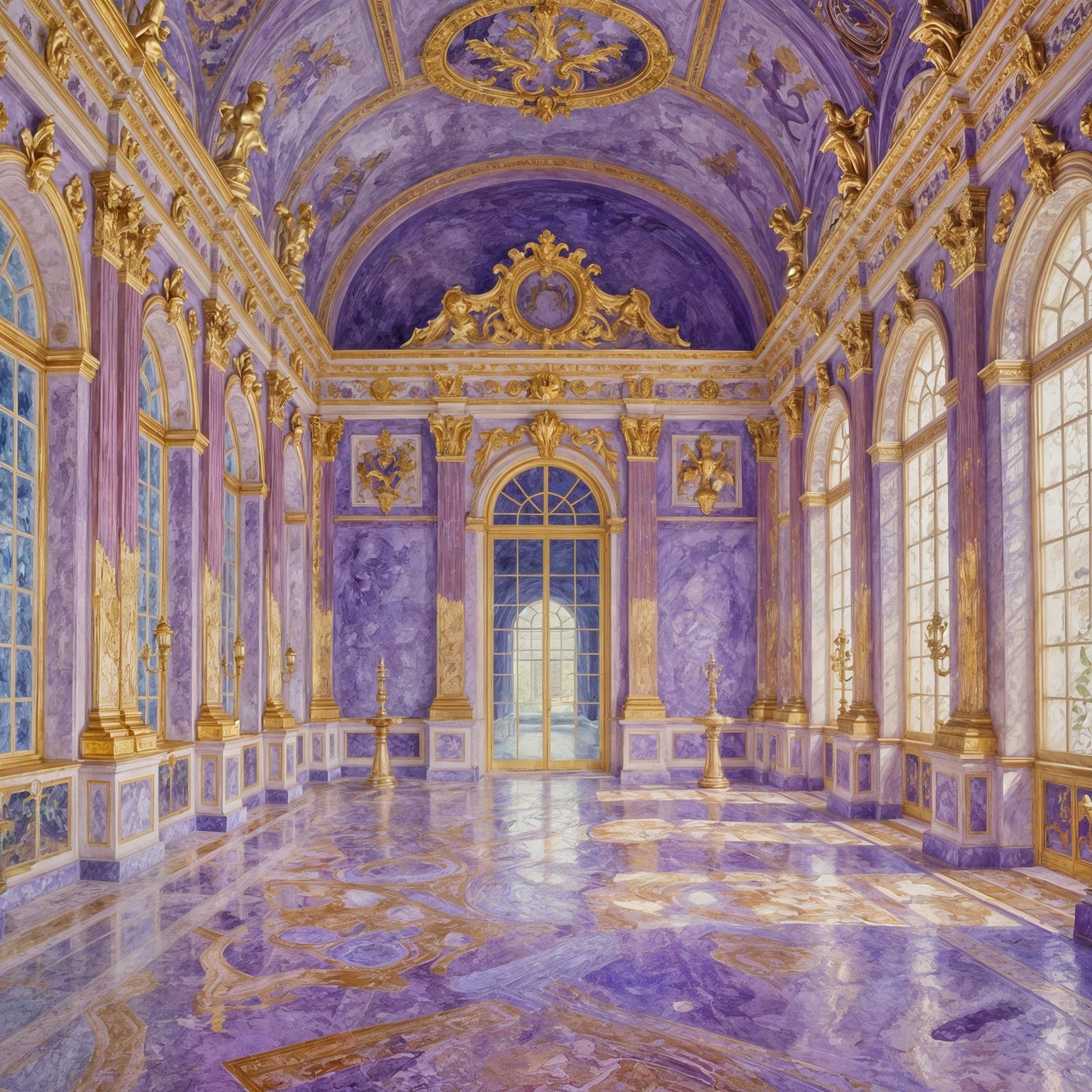 Royal Purple Hall with Golden Accents in Gouache Style