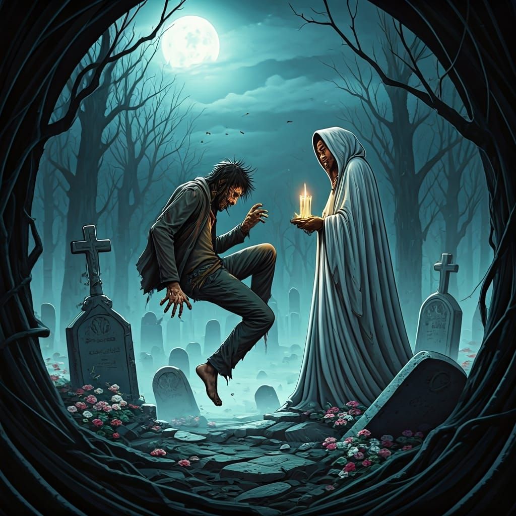 Moonlit Cemetery Ritual Interrupted, in Dark Surrealism Styl...