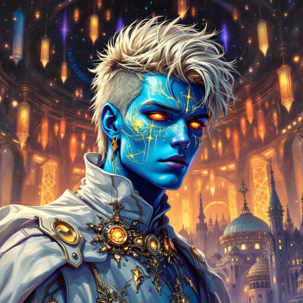 Blue-Skinned Humanoid with Gold Tattoos in Baroque Style
