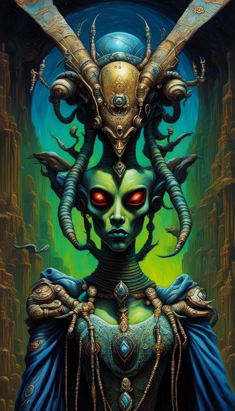 Voodoo Alien Mantid Princess in Cyberpunk Style
