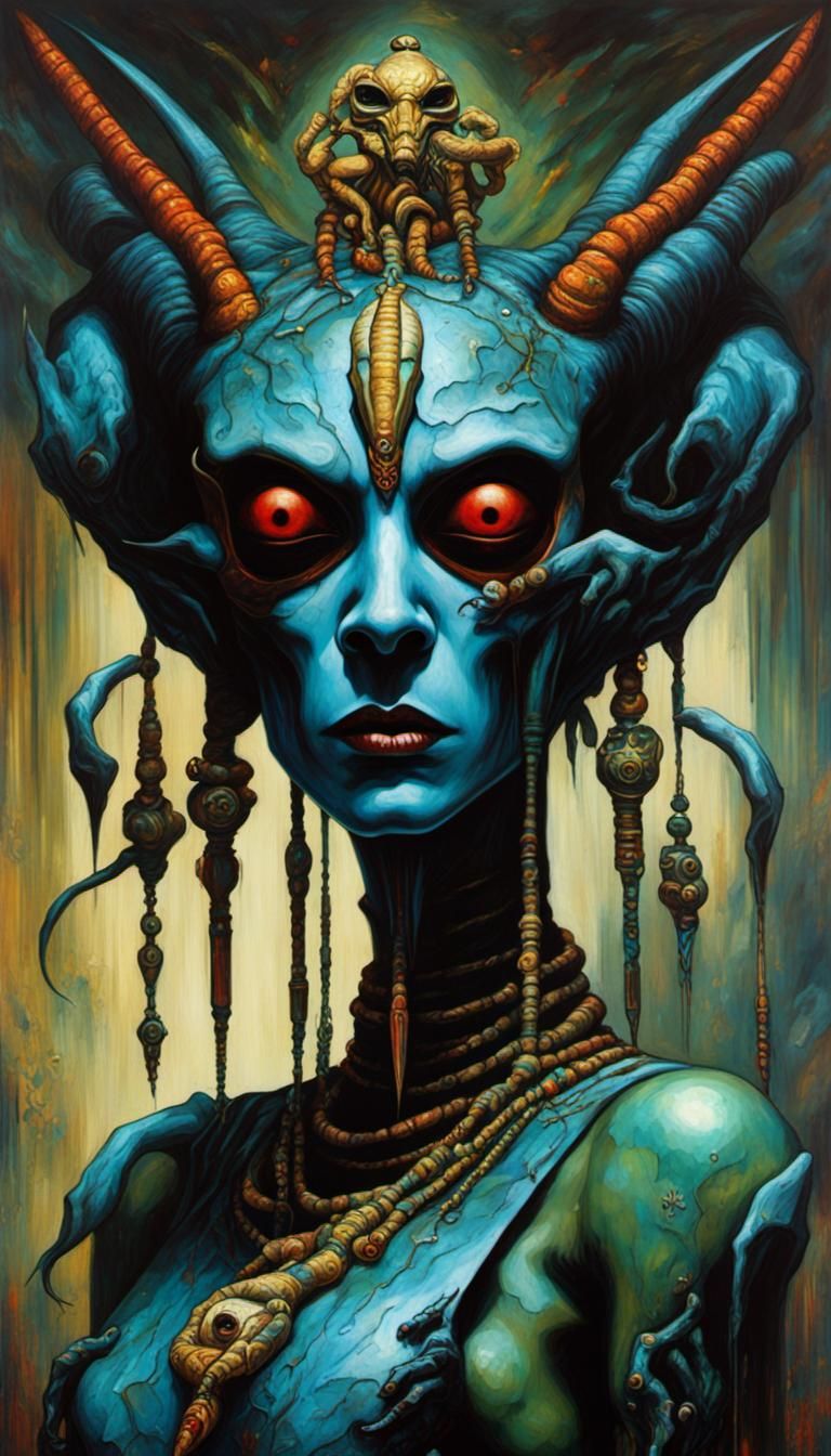 Voodoo Alien Mantid Princess in Cyberpunk Style