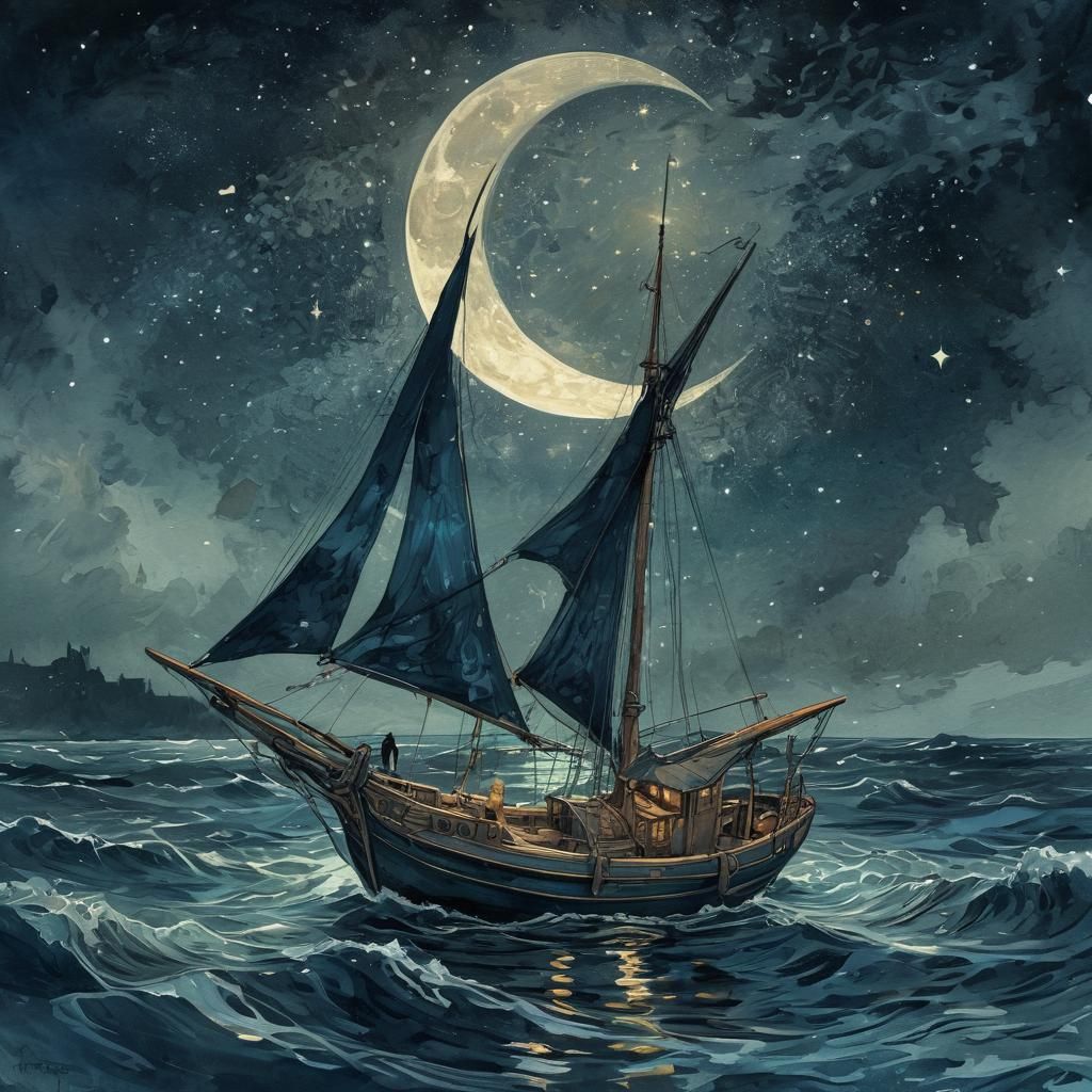 Gaff Cutter on Moonlit Waters: Digital Watercolor Art