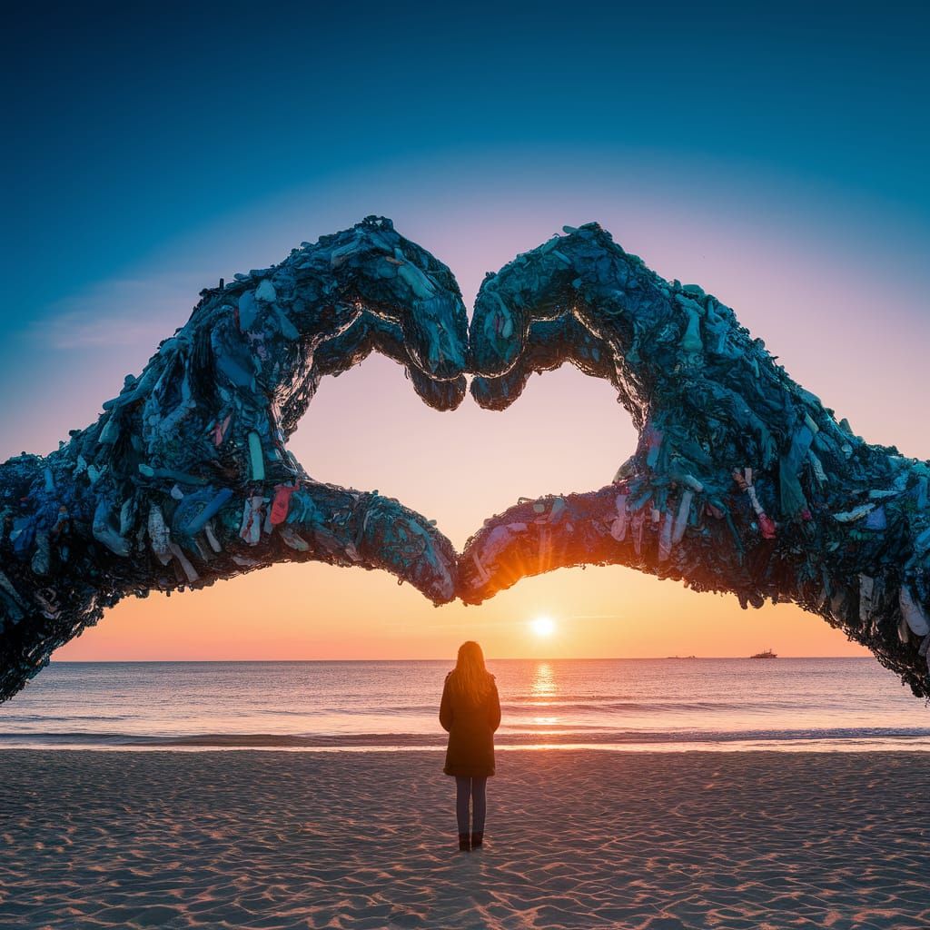 Girl Contemplates Plastic Waste Sculpture Amidst Epic Sunset