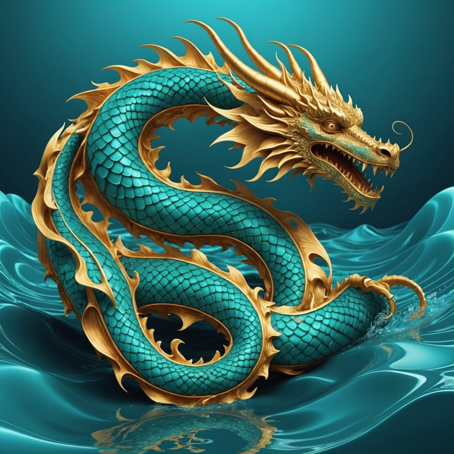 Golden Dragon Under Turquoise Water: Abstract 3D Art