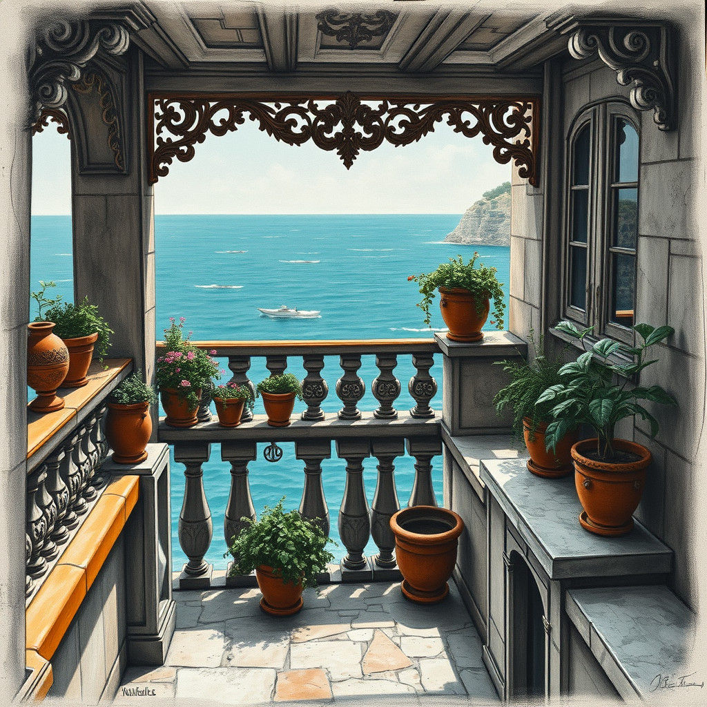 Ornate Balcony Overlooking Sea in Charcoal Drawing