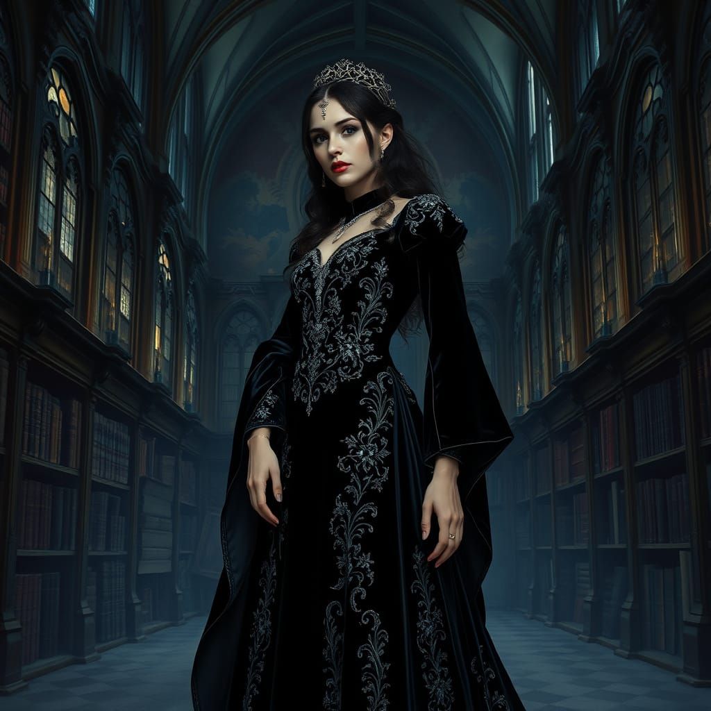 Gothic Woman in Library, Art Nouveau Style