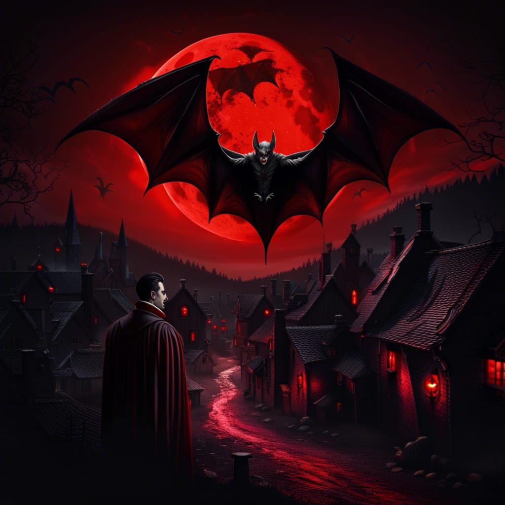 Dracula Sipping Blood Under the Red Moon