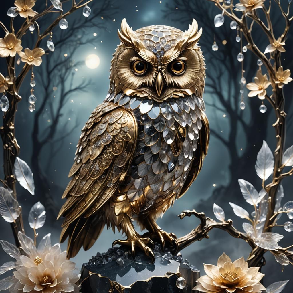 Ethereal Brass Owl with Crystal Feathers