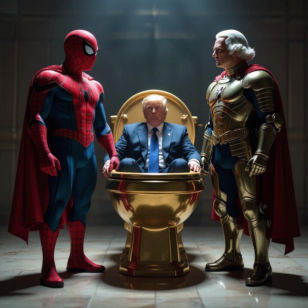 Spiderman and Washington in Golden Toilet with Trump