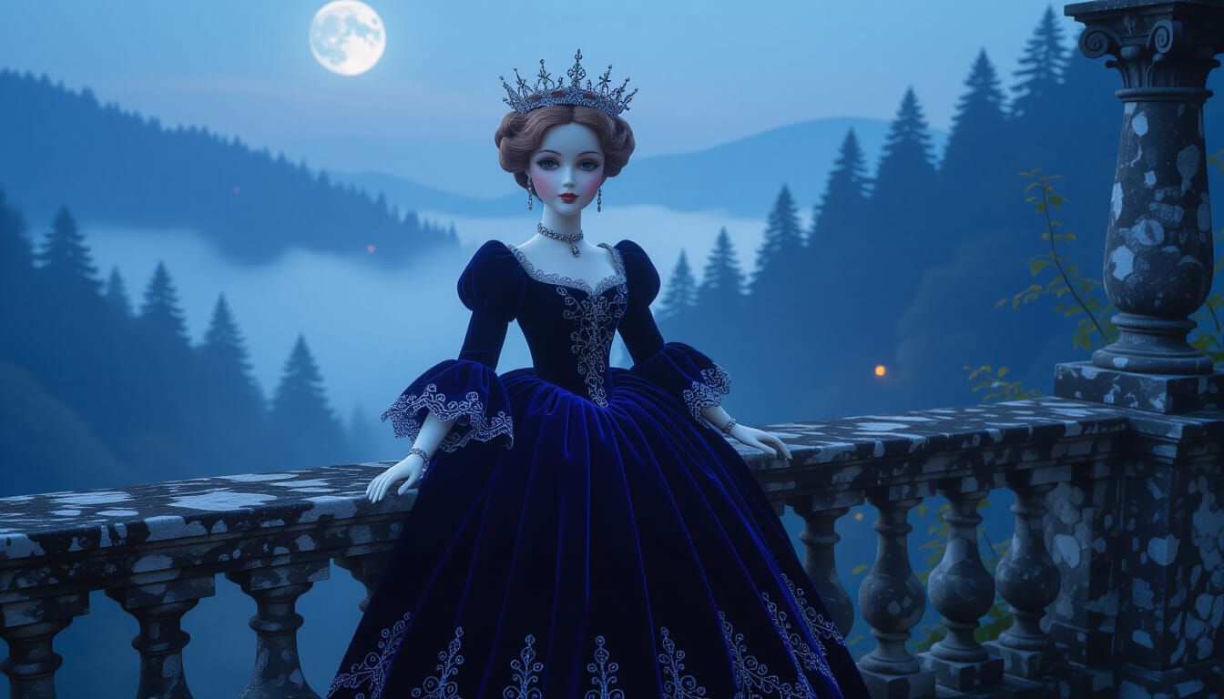 Regal Porcelain Doll on Stone Balcony Overlooking Enchanted ...