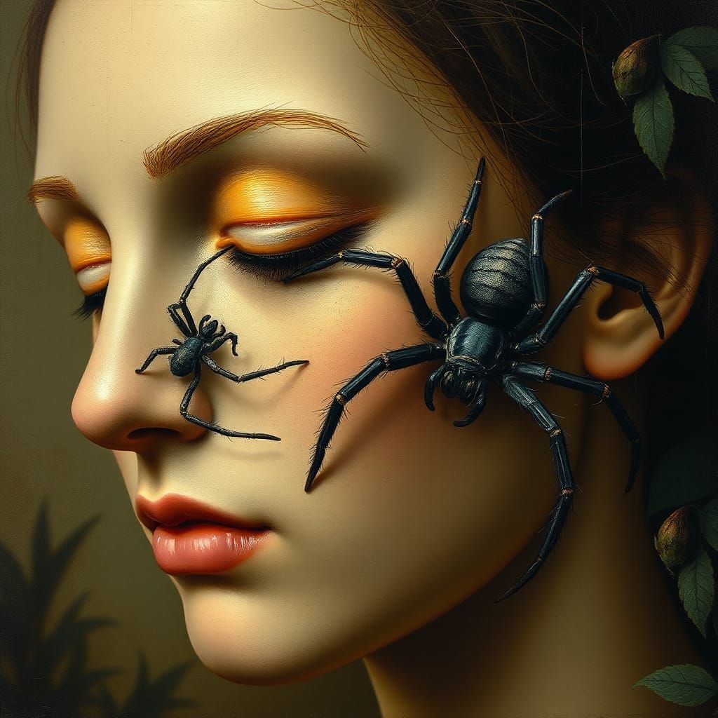 A face with closed eyes and a hairy spider on the cheek