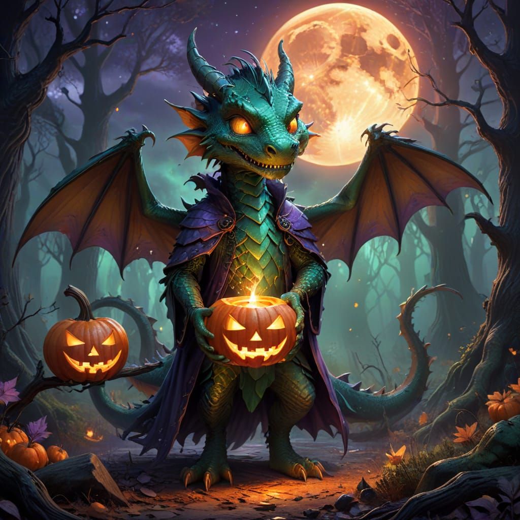Friendly Green Dragon in Witch Costume with Jack-o'-Lantern