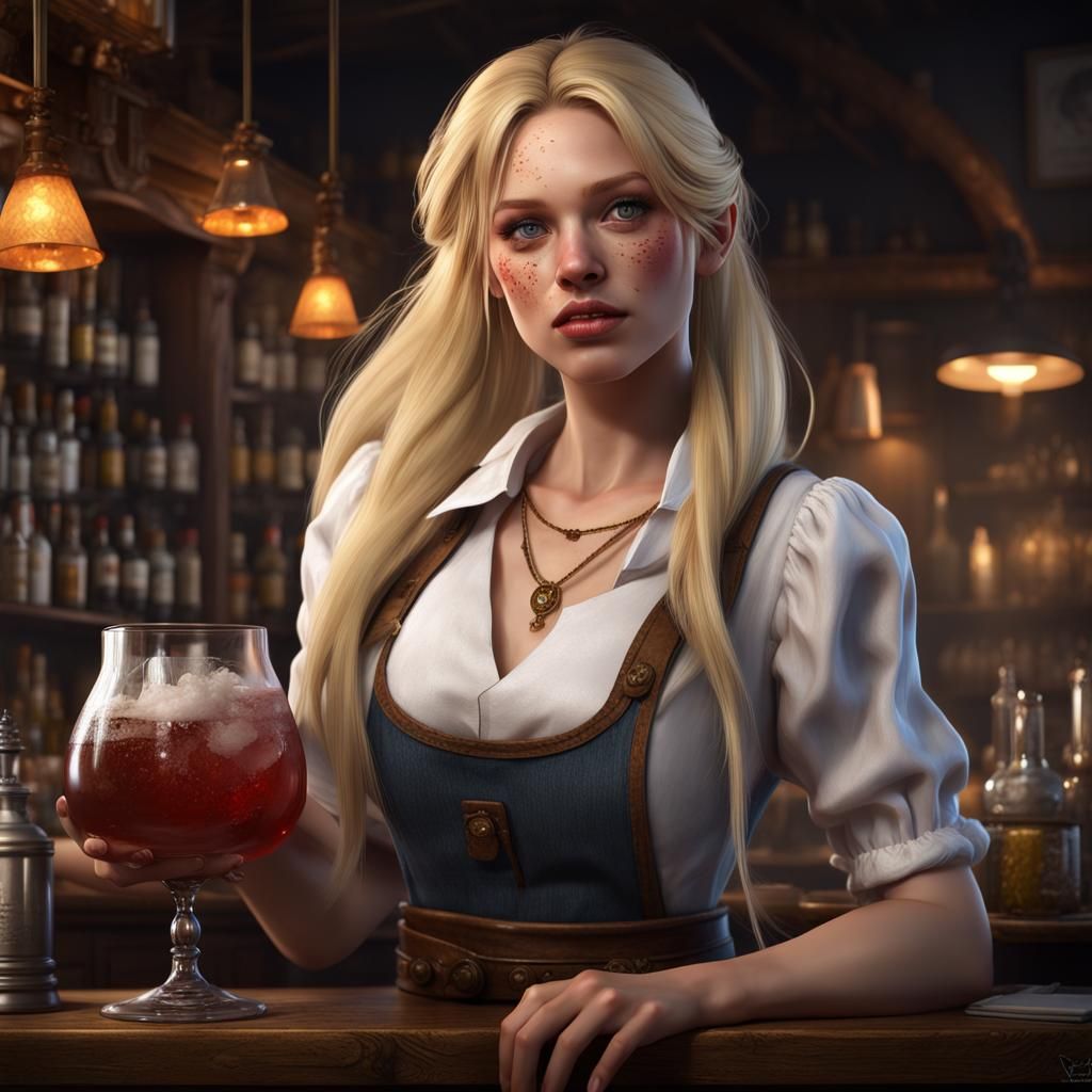 Fantasy Barmaid with Blonde Hair, Detailed Digital Art