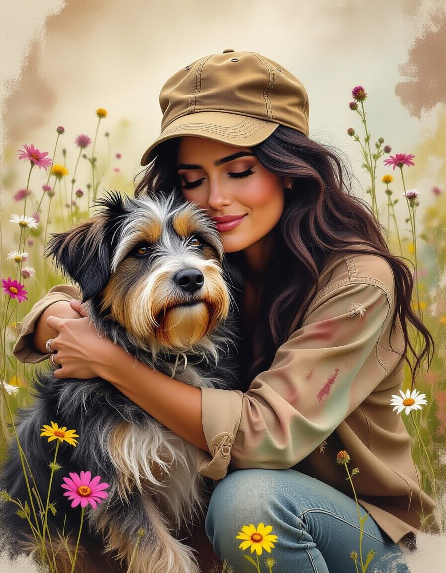 Ethereal Portrait of Woman and Dog in Wildflowers