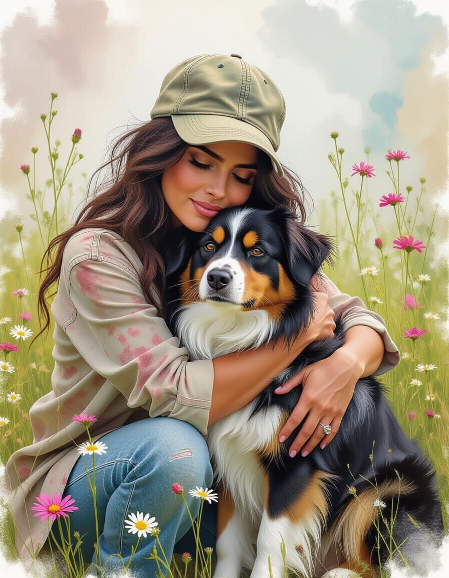 Salma Hayek Hugs Dog in Ethereal Watercolor Portrait