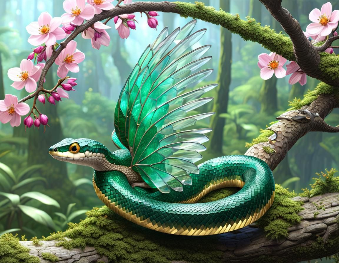 Emerald Crystal Snake on Flowery Branch in Forest