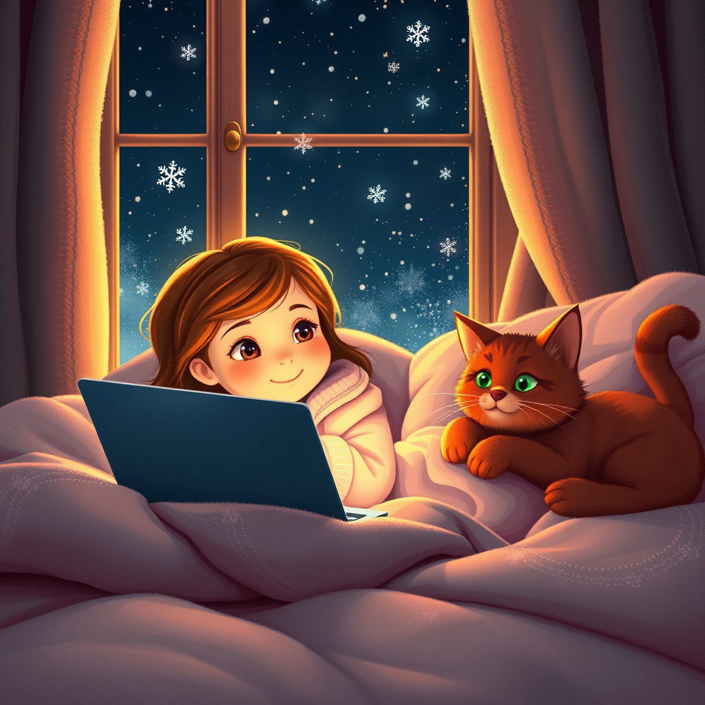 Girl and Cat Watch Movie on Winter Night