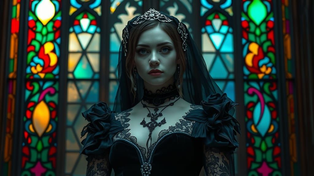 Gothic Woman in Velvet and Lace by Stained Glass