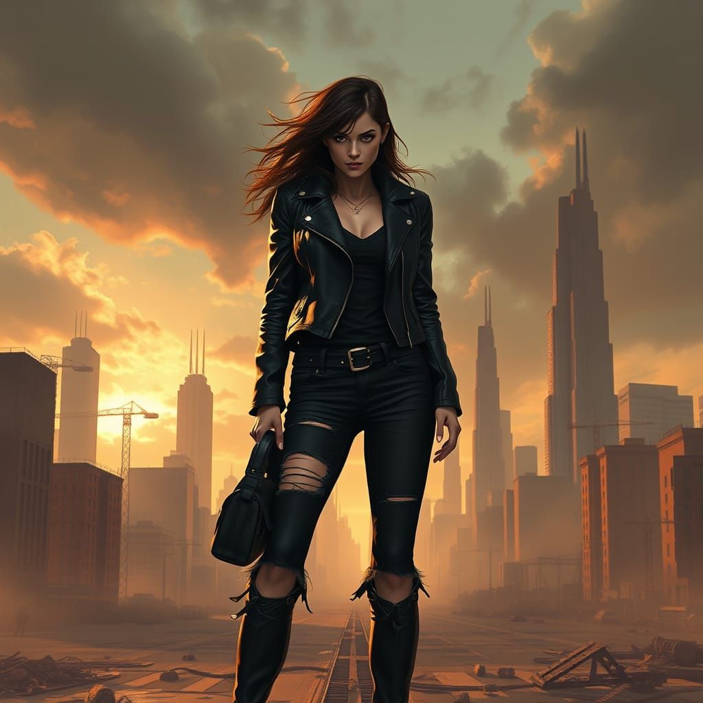 Woman in Leather Jacket in Gritty Cityscape