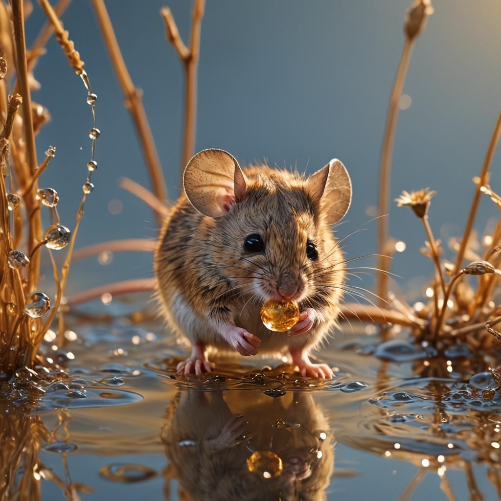Field Mouse Drinking at Golden Hour, Photorealism