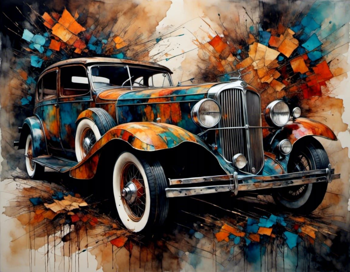 1930s Car in Impressionistic Acrylic Painting Style