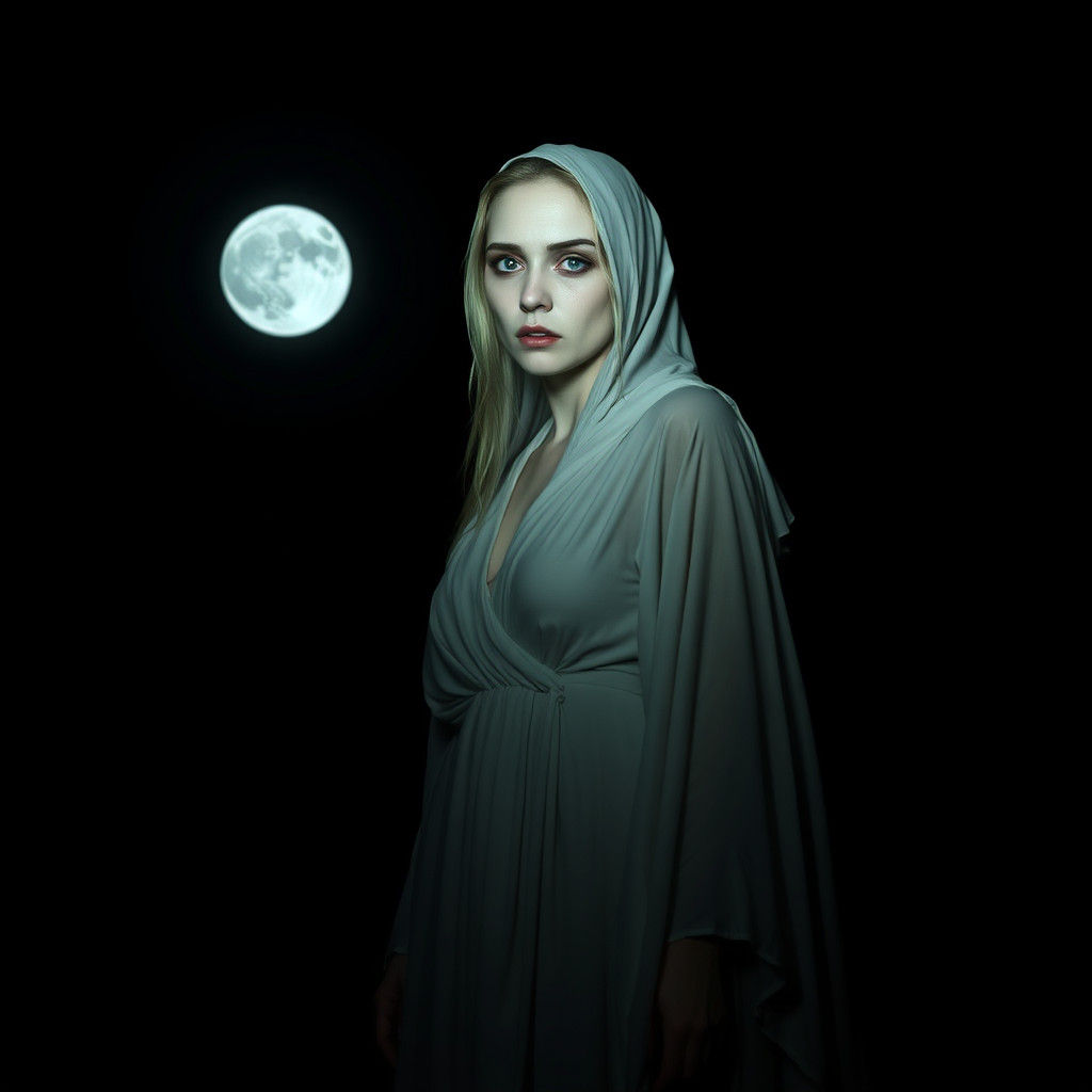 Eerie Woman in White Gown Under Moonlight