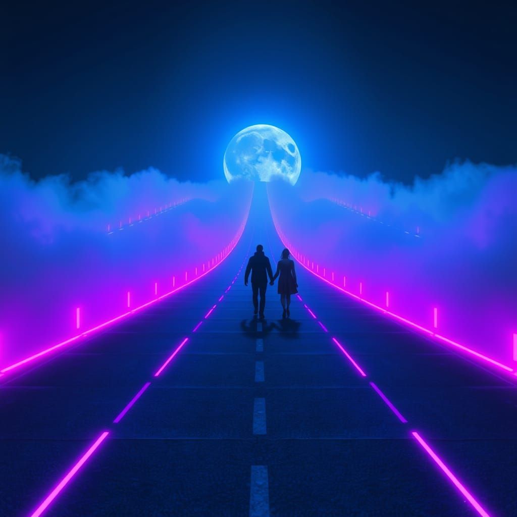 Surreal Futuristic Roadscape at Dusk in Hyperrealistic Style