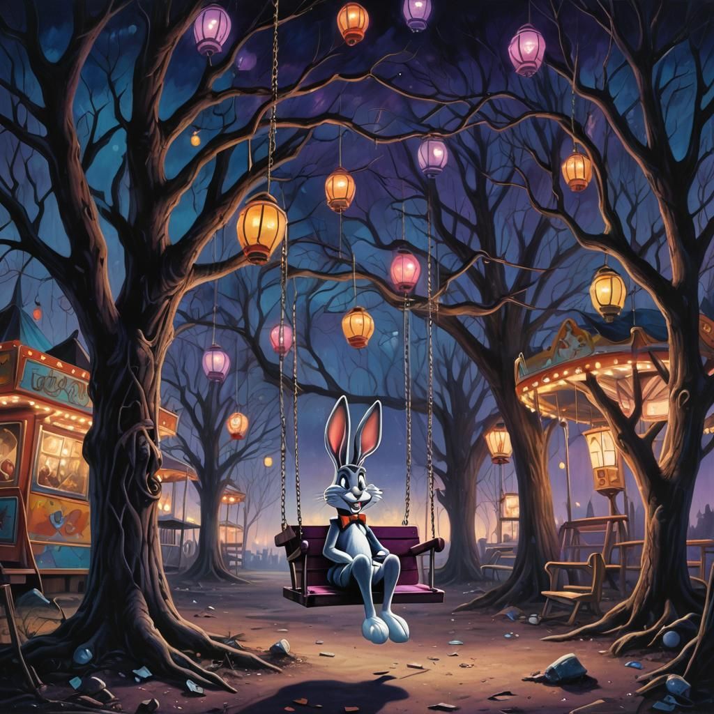 Bugs Bunny in Abandoned Carnival: Surreal Oil Painting