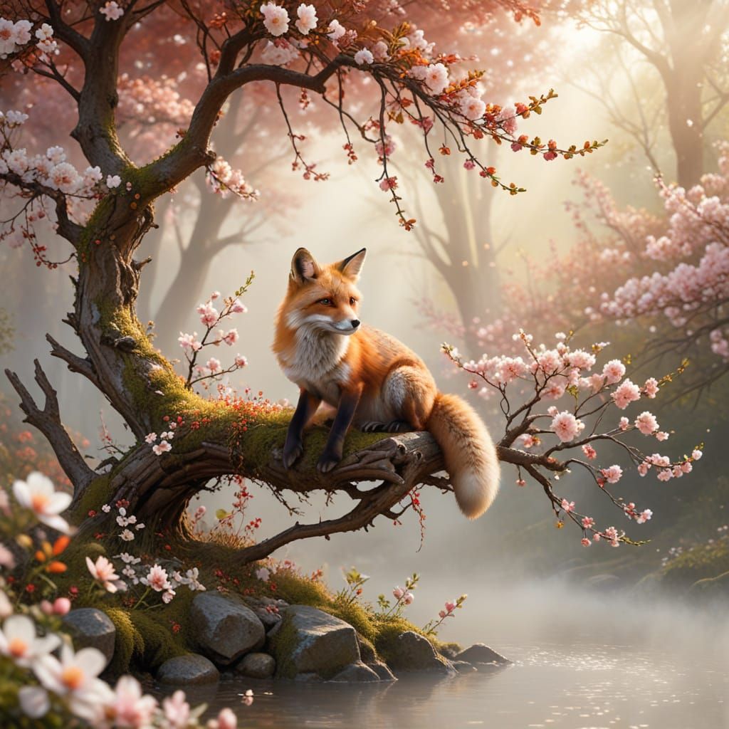Red Fox in Blossom, Hyperrealistic Woodland Scene