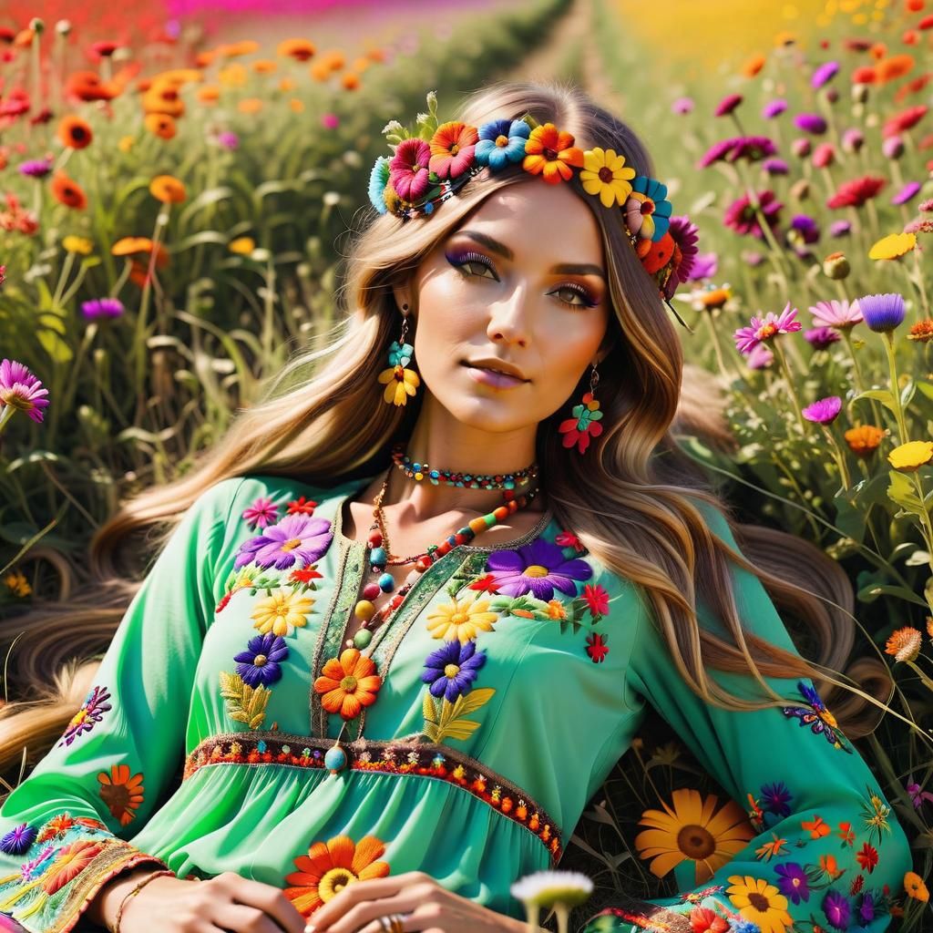 60s Hippie Flower Child in Embroidered Clothing