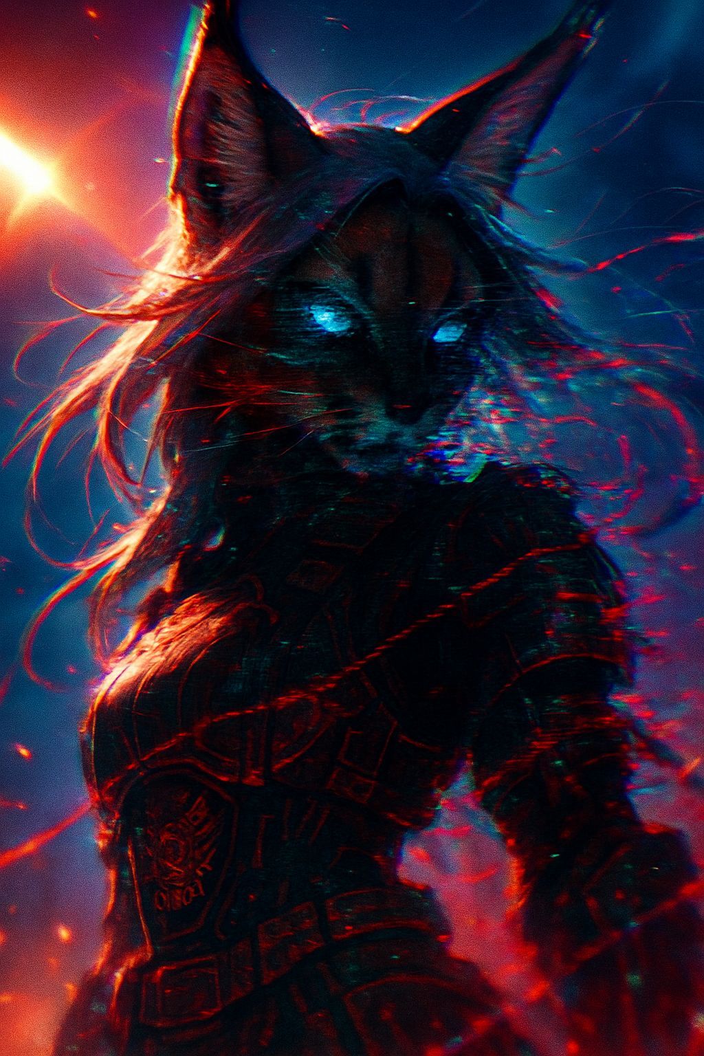 Anime Caracal Samurai Glitching with Digital Artifacts