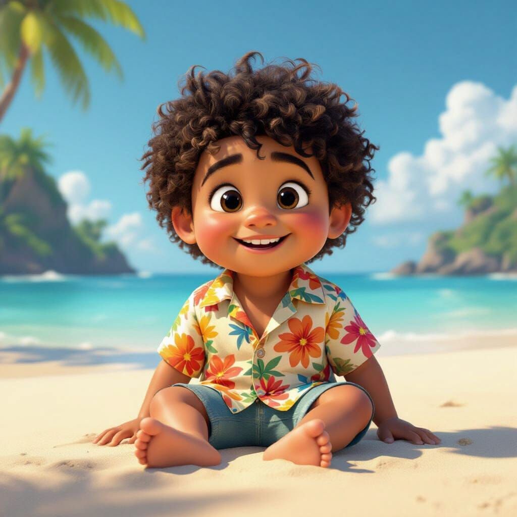 Pixar-Style Polynesian Boy on Sunny Beach