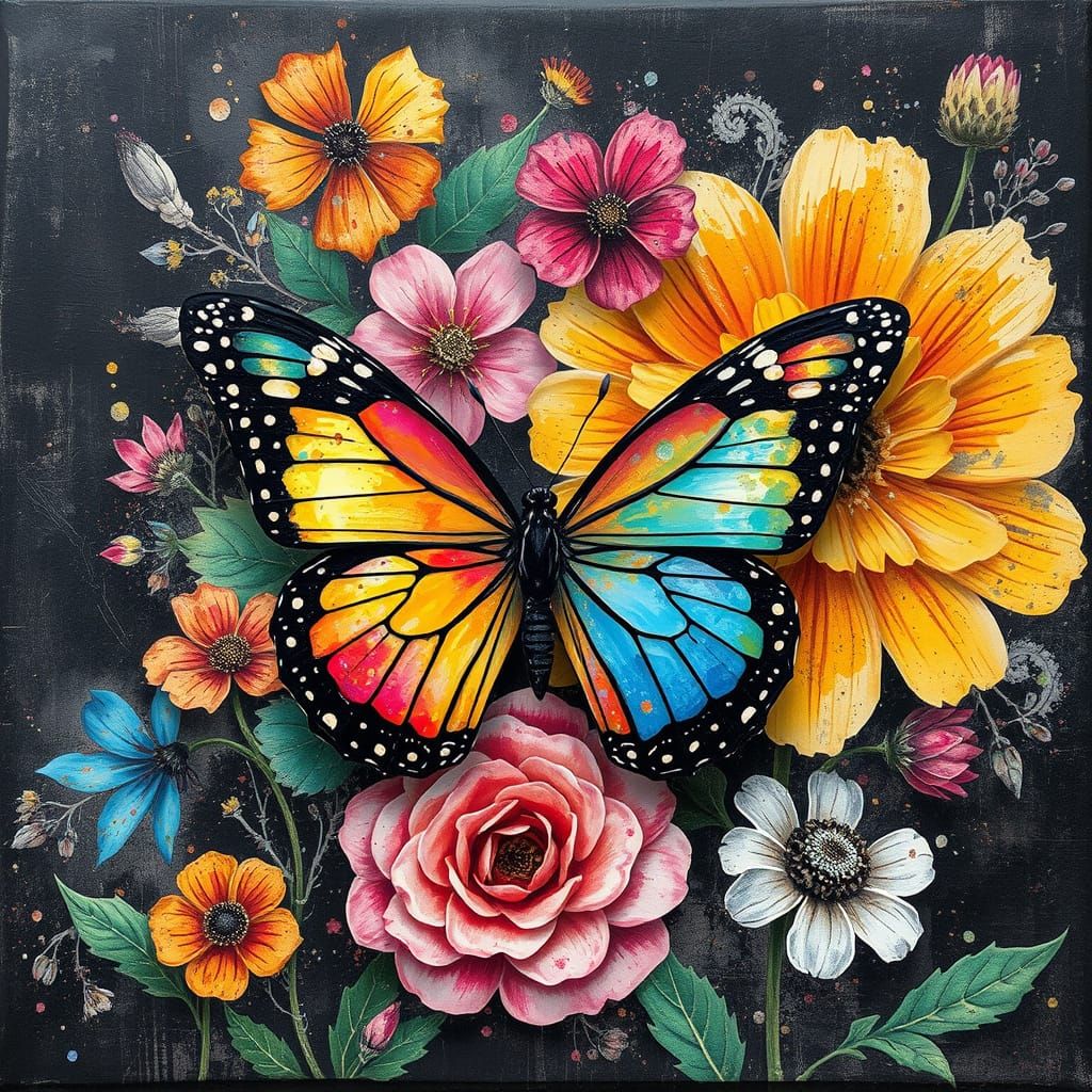 grunge layered fusion. glitchcore. butterfly, colorful flowe...